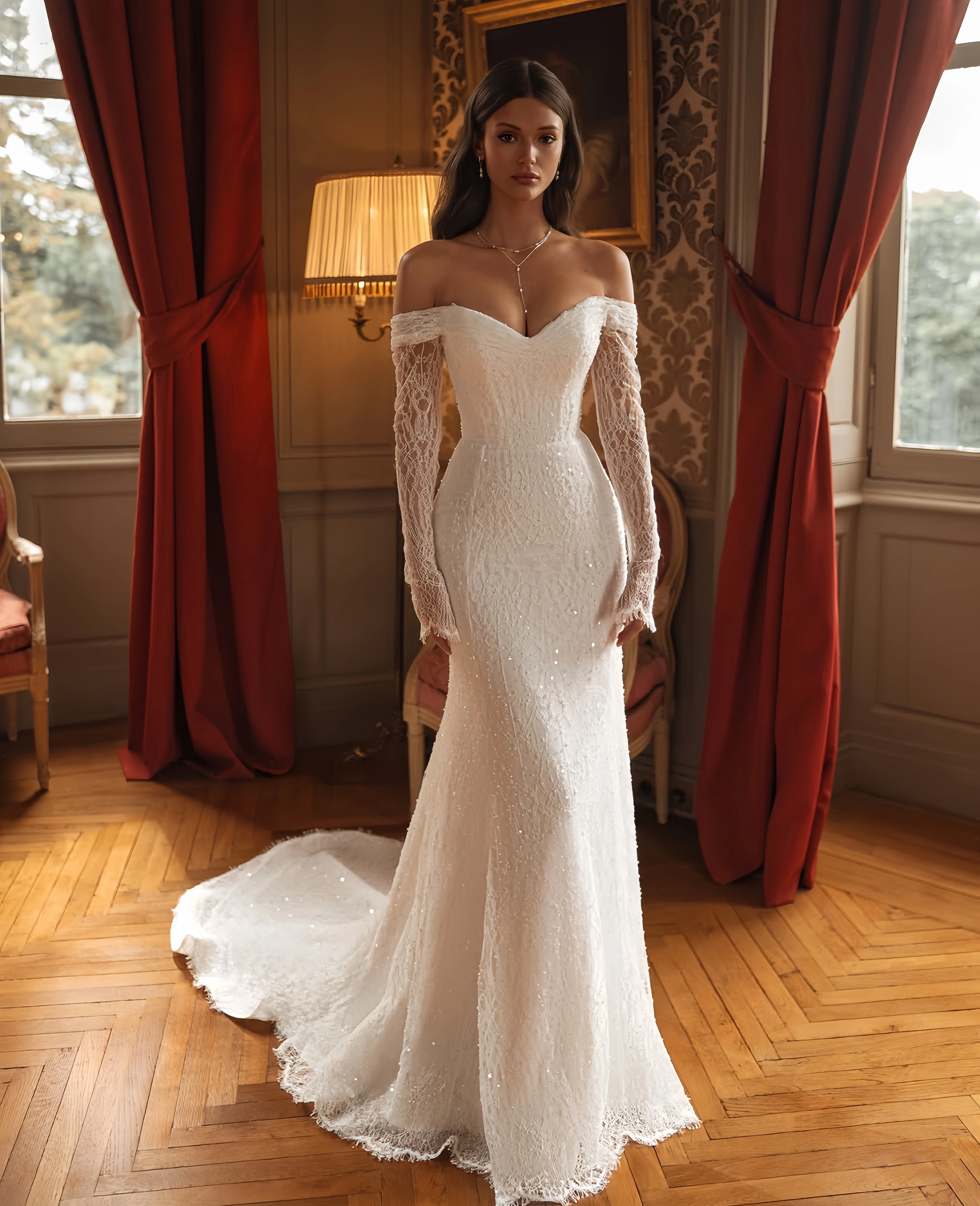 Personnalisé col doux à manches longues sirène Sexy robe de mariée robes de novia amanda novias aman