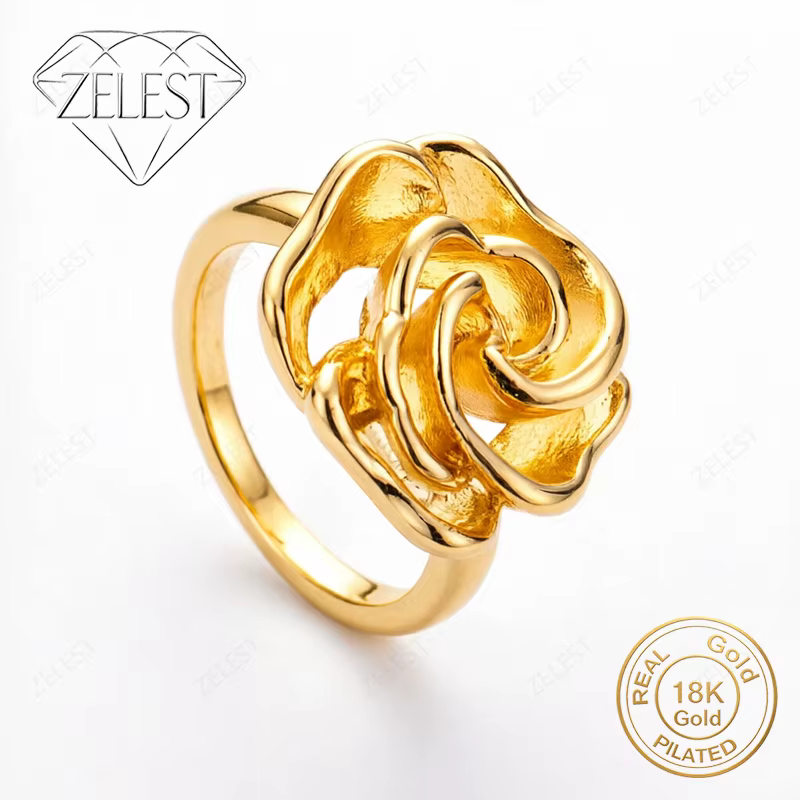 Bague Fleur Rose Exquise en Argent Sterling 925 Plaqué Or 18K pour Femme, Accessoire de Bijouterie T