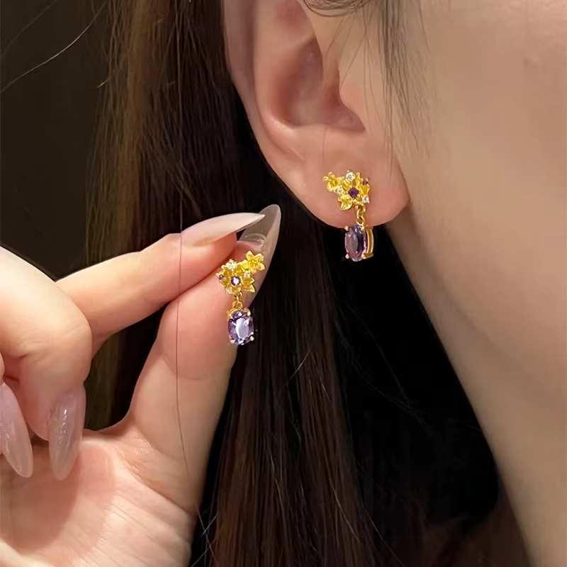 Boucles d'oreilles en améthyste avec incrustation de diamants violets pour femmes, style luxueux et 