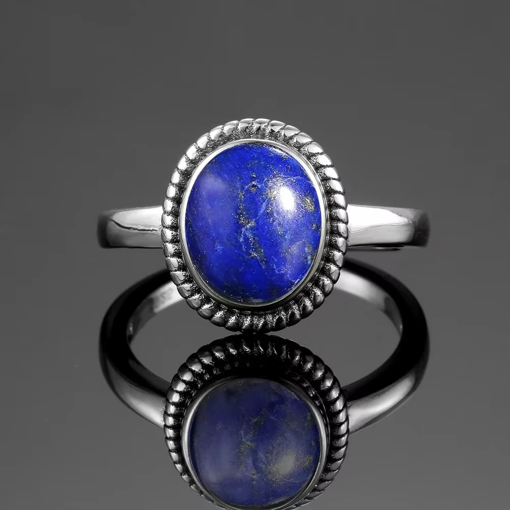 Bague ovale en argent naturel avec grand lapis-lazuli pour femmes et hommes, cadeau vintage, grande 