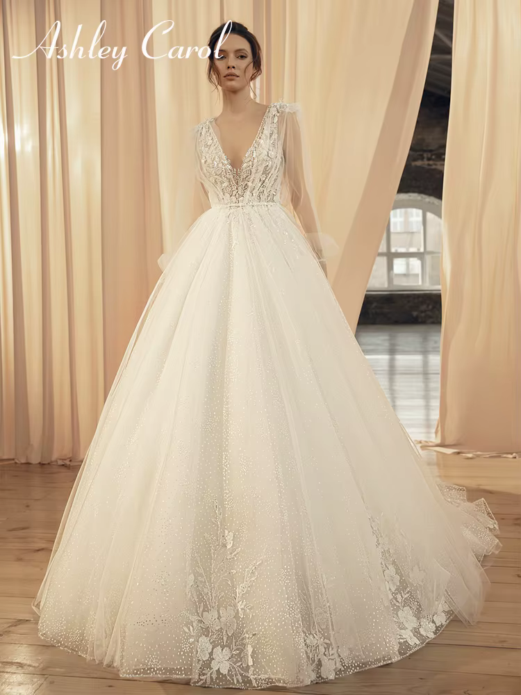 Ashley Carol-Robe de mariée en dentelle avec veste, col en V profond, dos nu, ligne A, robes de mari