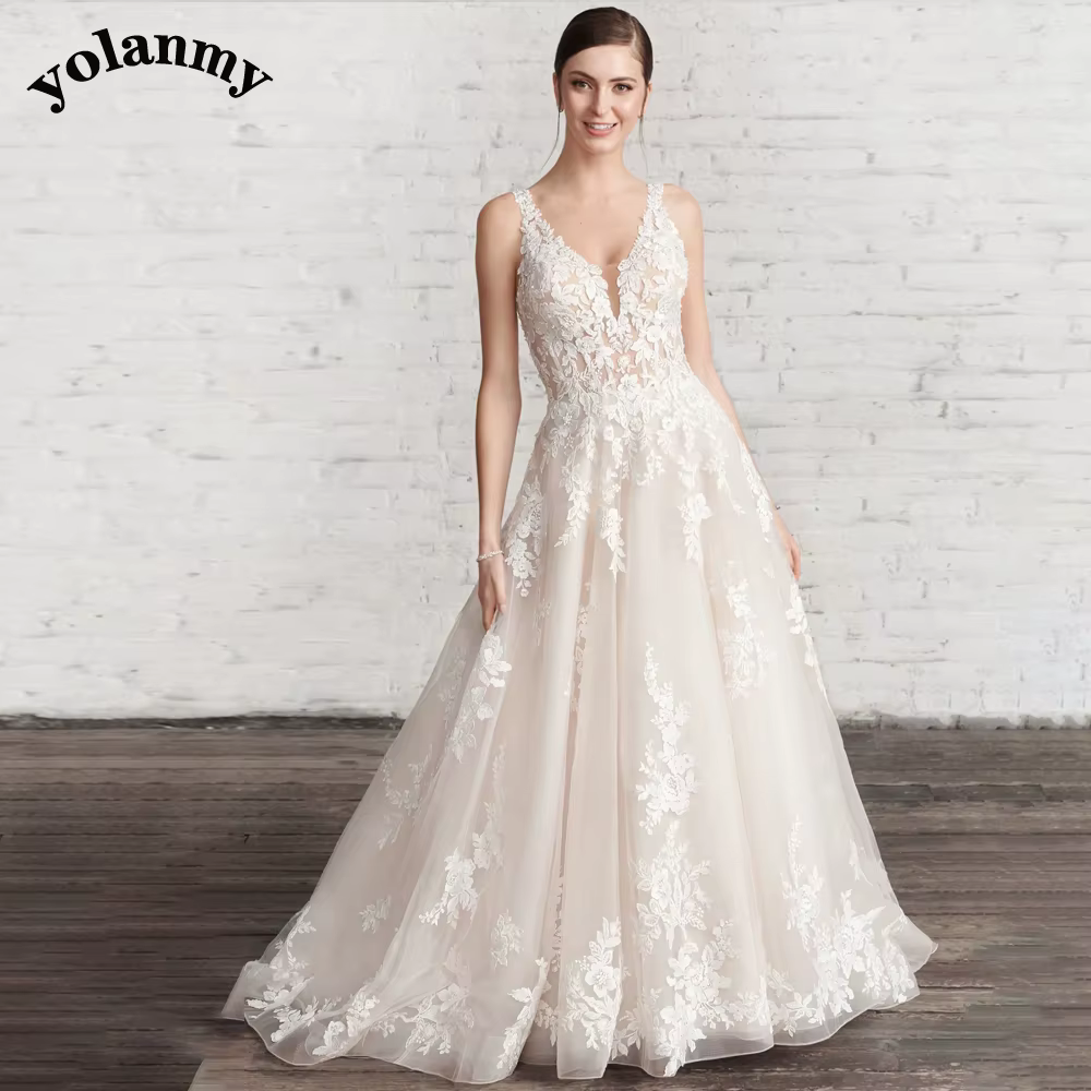 YOLANMY-Robe de mariée classique en tulle pour femme, ligne A, col en V, dos nu, train chapelle, per