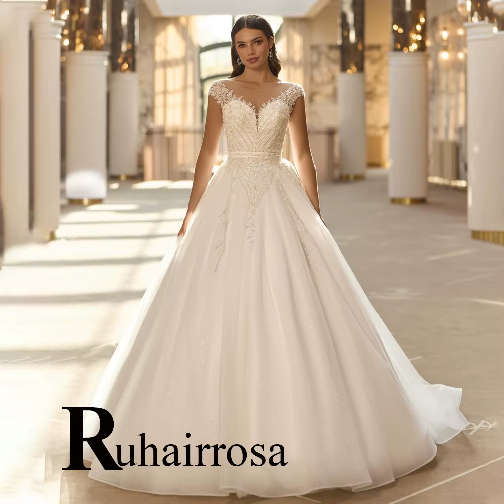 Ruhair fantaisie a-ligne robes de mariée pour mariée dentelle Appliques casquette sans manches bouto