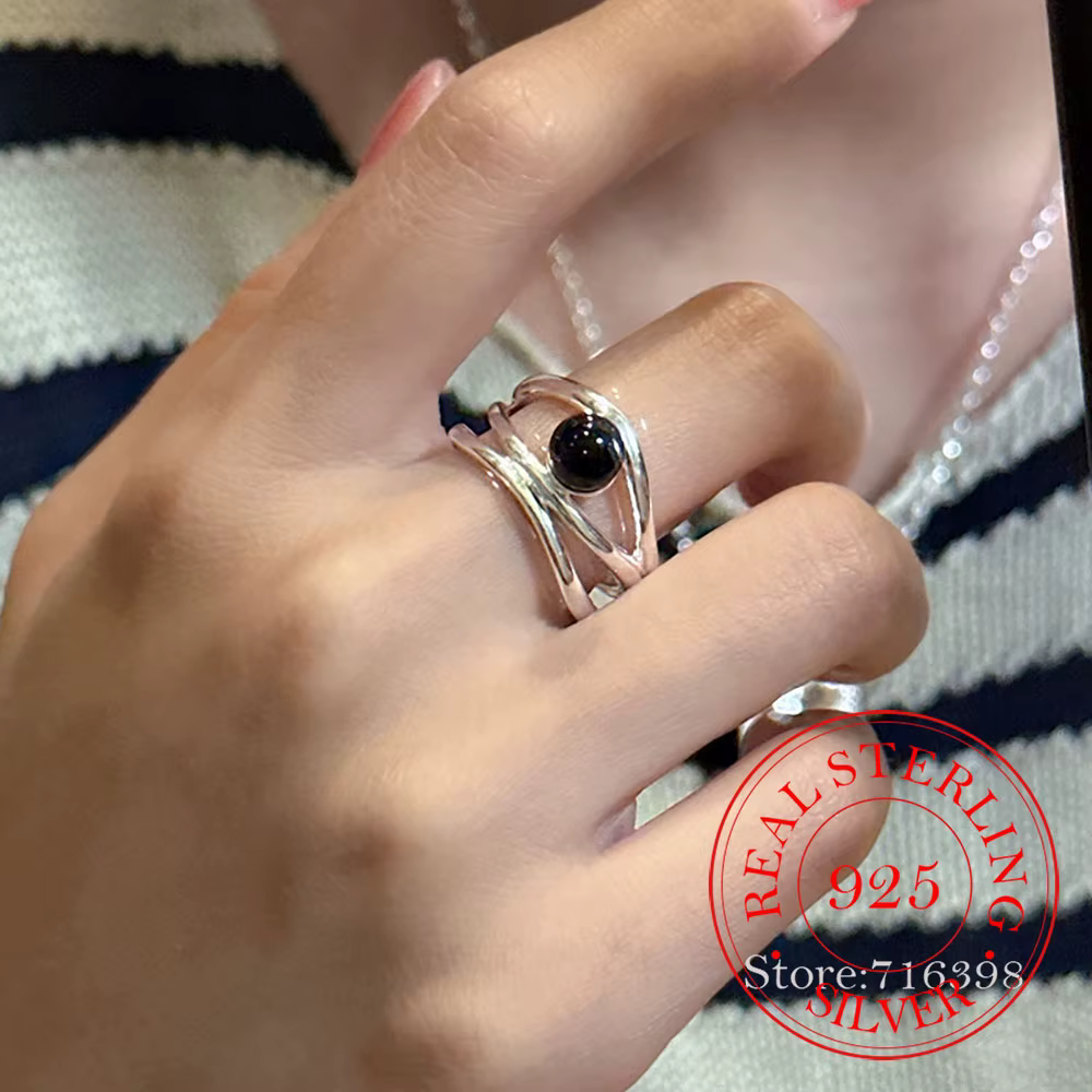 Bagues multicouches en argent Sterling 925 pour femmes, Onyx noir Simple, bijoux de fête de mariage,