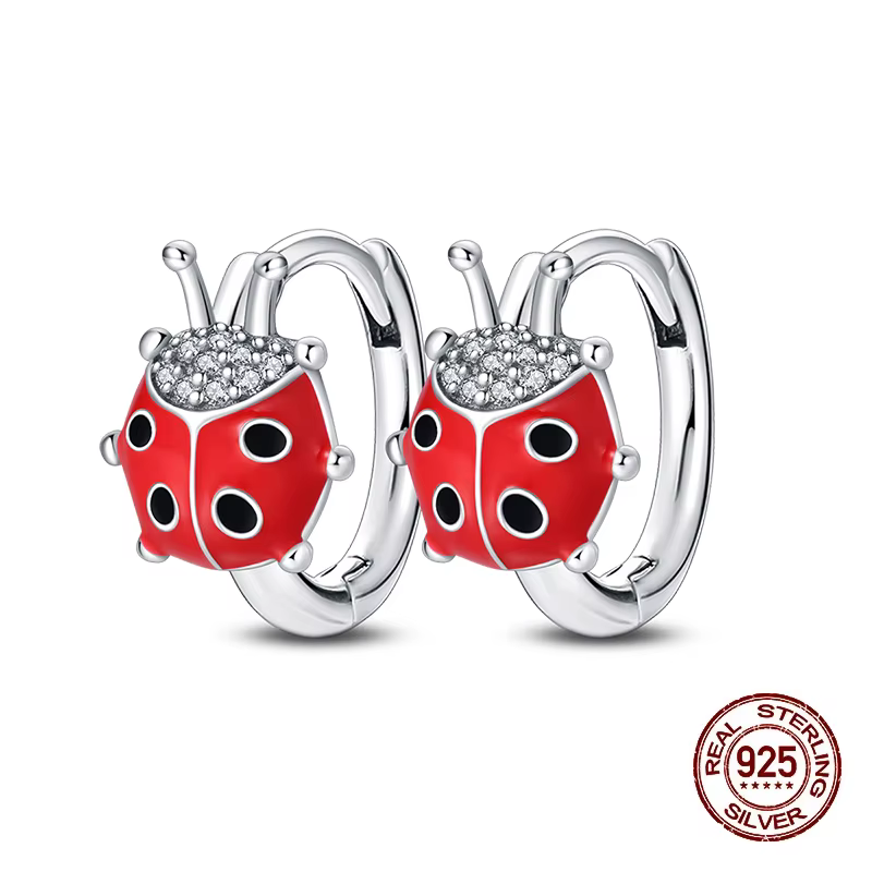 Boucles d'oreilles Double cerceau en argent Sterling 100% pour femmes, coccinelle rouge colorée, bij