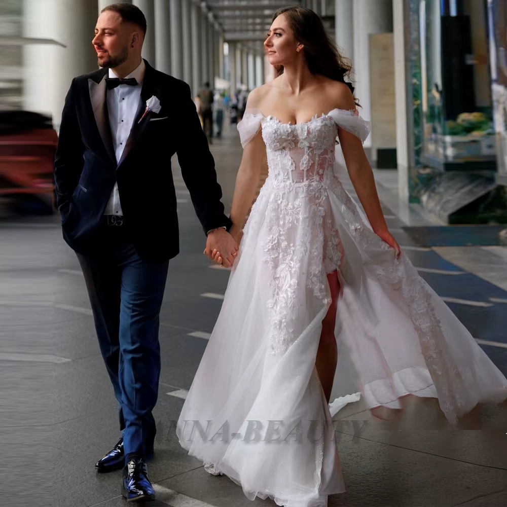 Anna robe De mariée attrayante pour mariée hors De l'épaule Appliques sans bretelles fente Tulle a-l