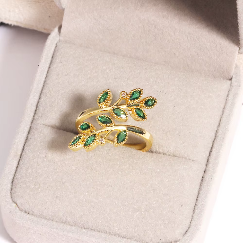 Bagues vertes en Zircon pour femmes, couleur or argent, bague de luxe à feuilles réglables, mode cor
