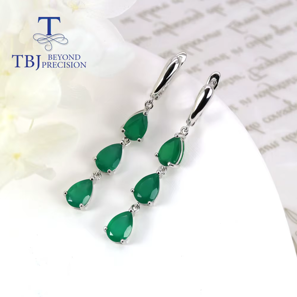 Boucles d'oreilles longues en argent regardé 925 pour femmes, agate verte naturelle, formage, design