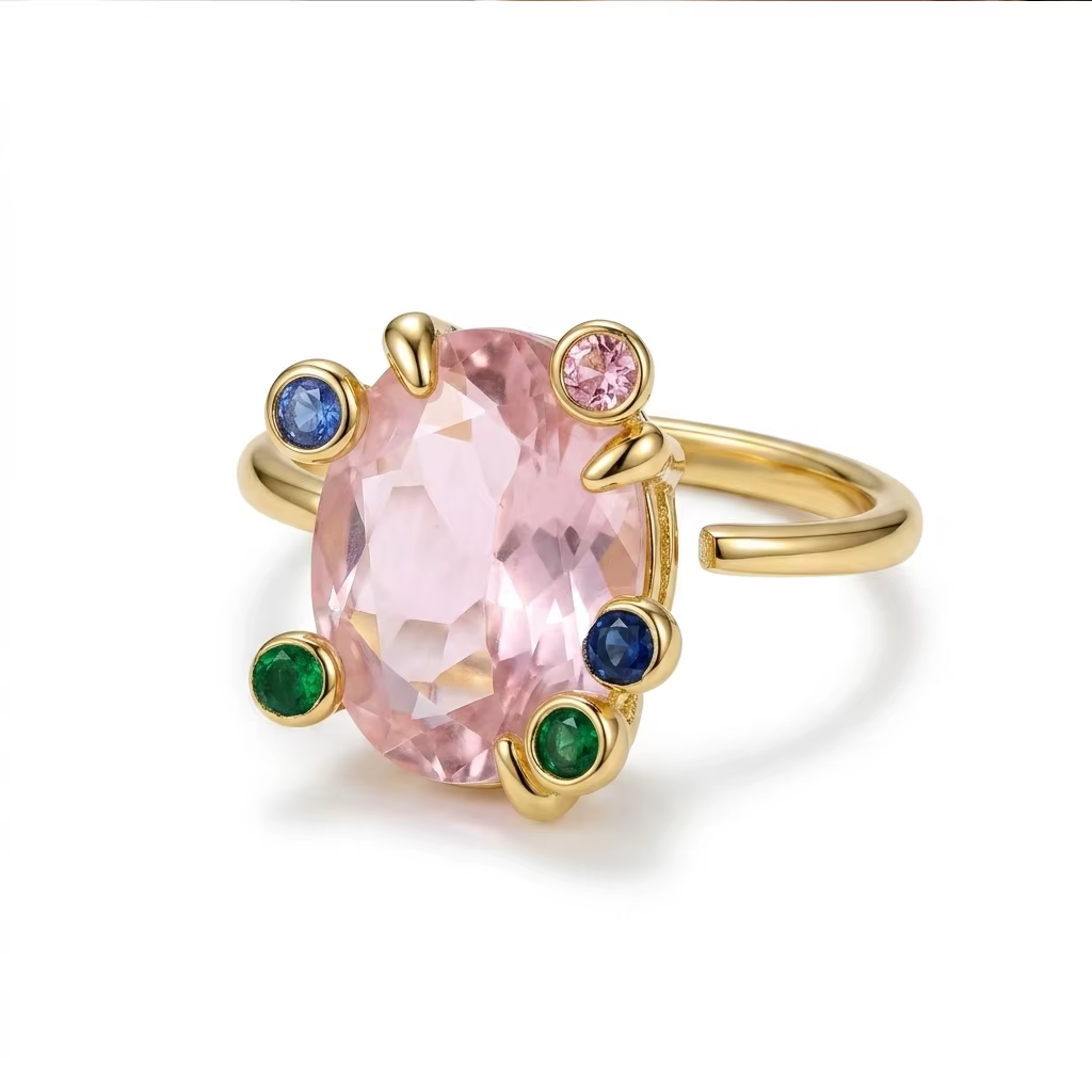Bague élégante ovale rose avec accents multicolores en CZ, bague de cocktail de luxe dorée pour femm