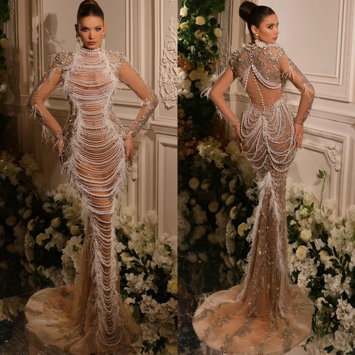 Robe de Mariée Luxueuse en Forme de Sirène, en Dentelle Perlée, avec Plumes, Personnalisée, Citroïda