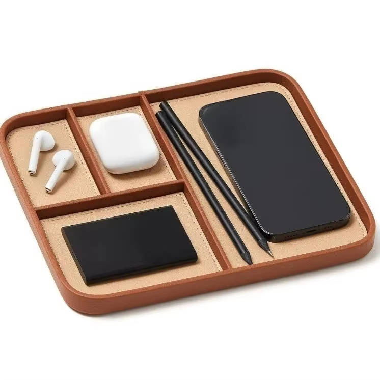 Plateau de rangement en cuir, organiseur de bureau ou de chevet pour téléphone, montre, clés, bijoux