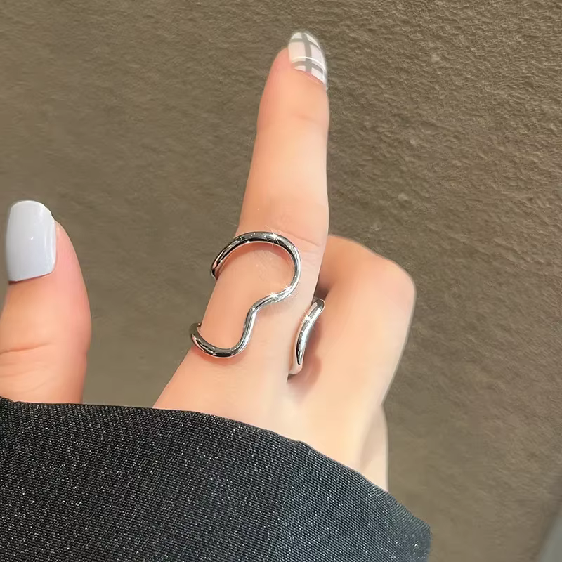 Bague Double couche couleur argent pour femmes, courbe irrégulière, taille réglable faite à la main,