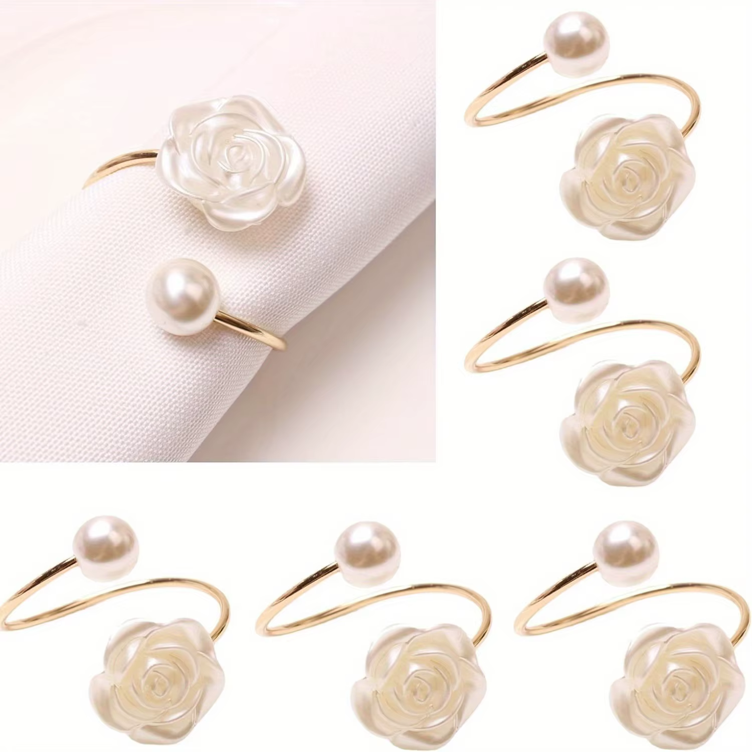 Anneaux de serviette en forme de Rose, ensemble de porte-serviettes en perles blanches et fleurs, po