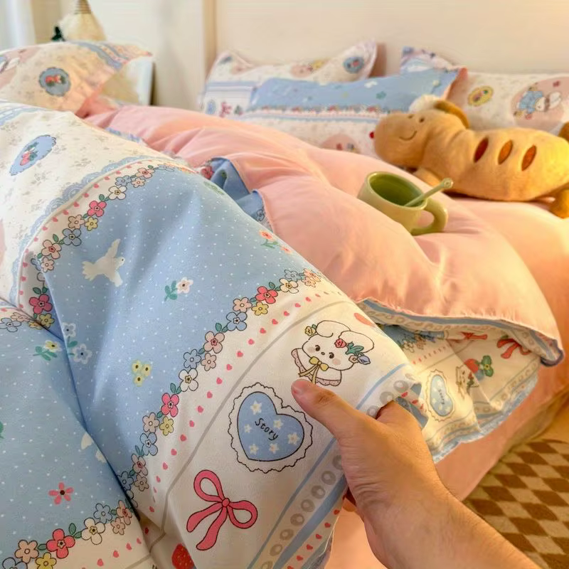 Parure de lit lapin mignon pour filles et garçons, housse de couette, drap plat, taies d'oreiller, d