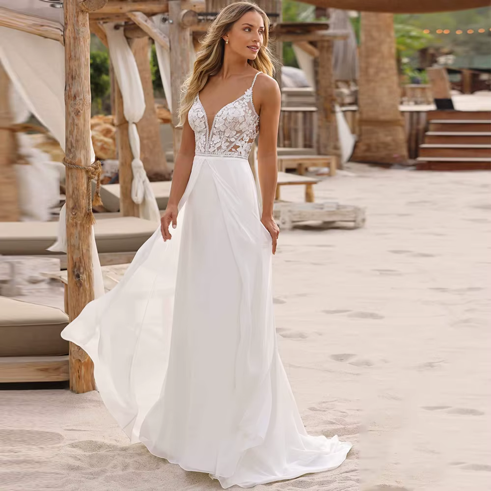 Robe de mariée de plage classique en mousseline de soie, avec des Appliques personnalisées en dentel