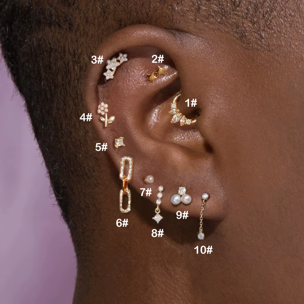 Boucle d'oreille Piercing Helix Lobe, 1 pièce, fleur en Zircon, chaîne pendante, Tragus Rook, access