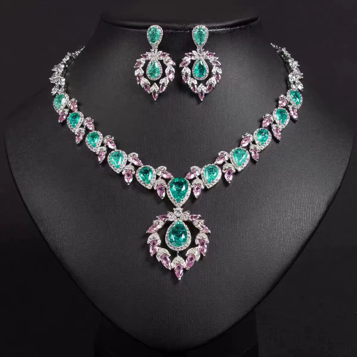 Parure de bijoux rose et vert de luxe léger, collier et boucles d'oreilles élégants, pour mariée, ro