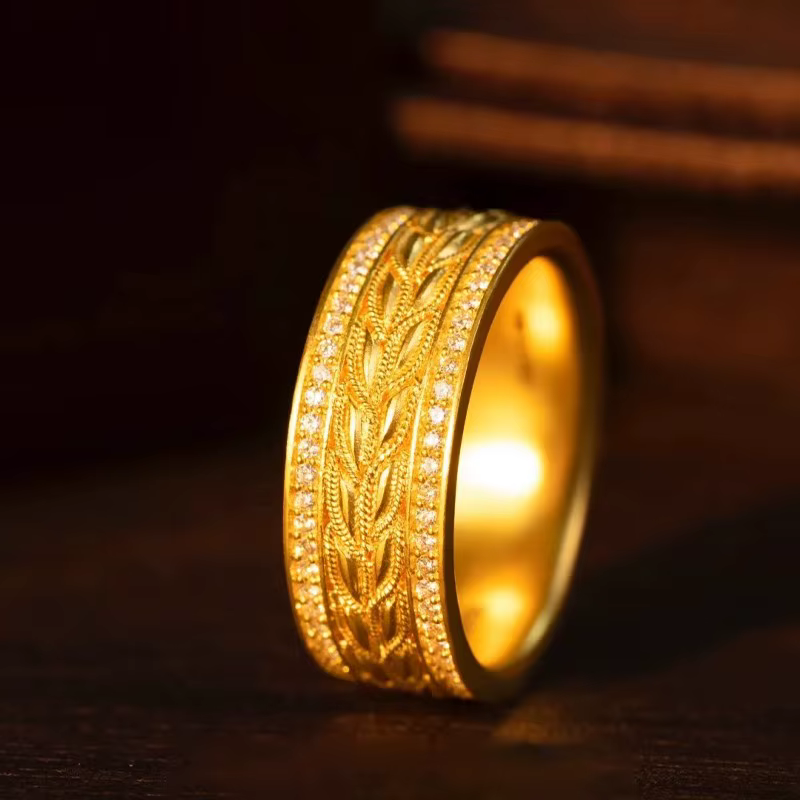 Bague Dynar Jewelry de luxe en or véritable 999 24K, motif épi de blé incrusté de diamants, méthode 