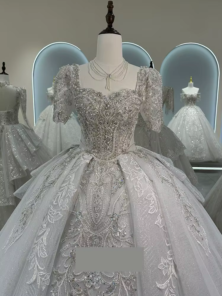 Robe de mariée de luxe française légère, perles brillantes, broderie lourde, ciel étoilé, jupe bouff