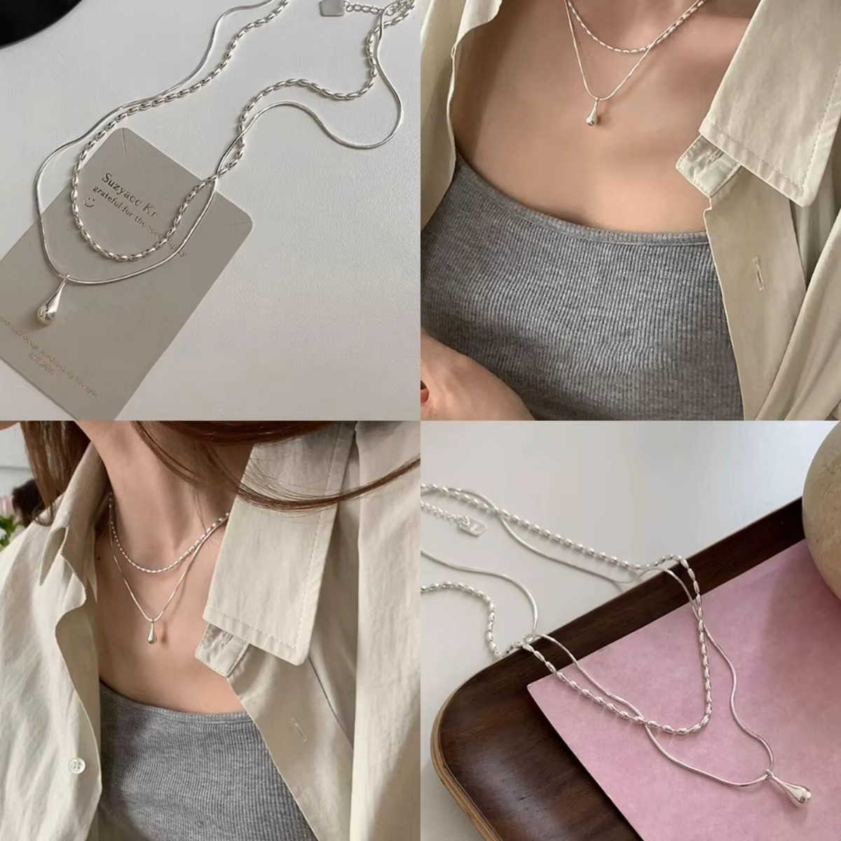 Collier avec pendentif goutte en argent Sterling 925 pour femmes, Design Simple, Double chaîne, bijo