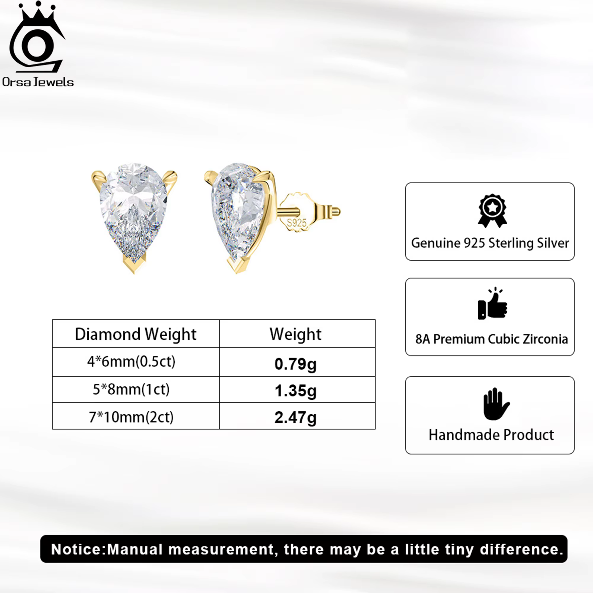 ORSA JEWELS Boucles d'oreilles en argent sterling 925 avec pierre de zircone coupée en forme de gout