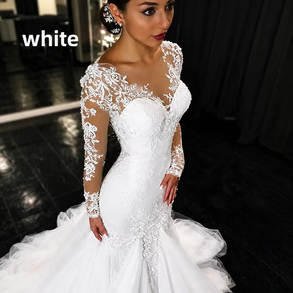 Robe de mariée sirène manches longues, col V transparent avec appliques de dentelle, dos illusion, t