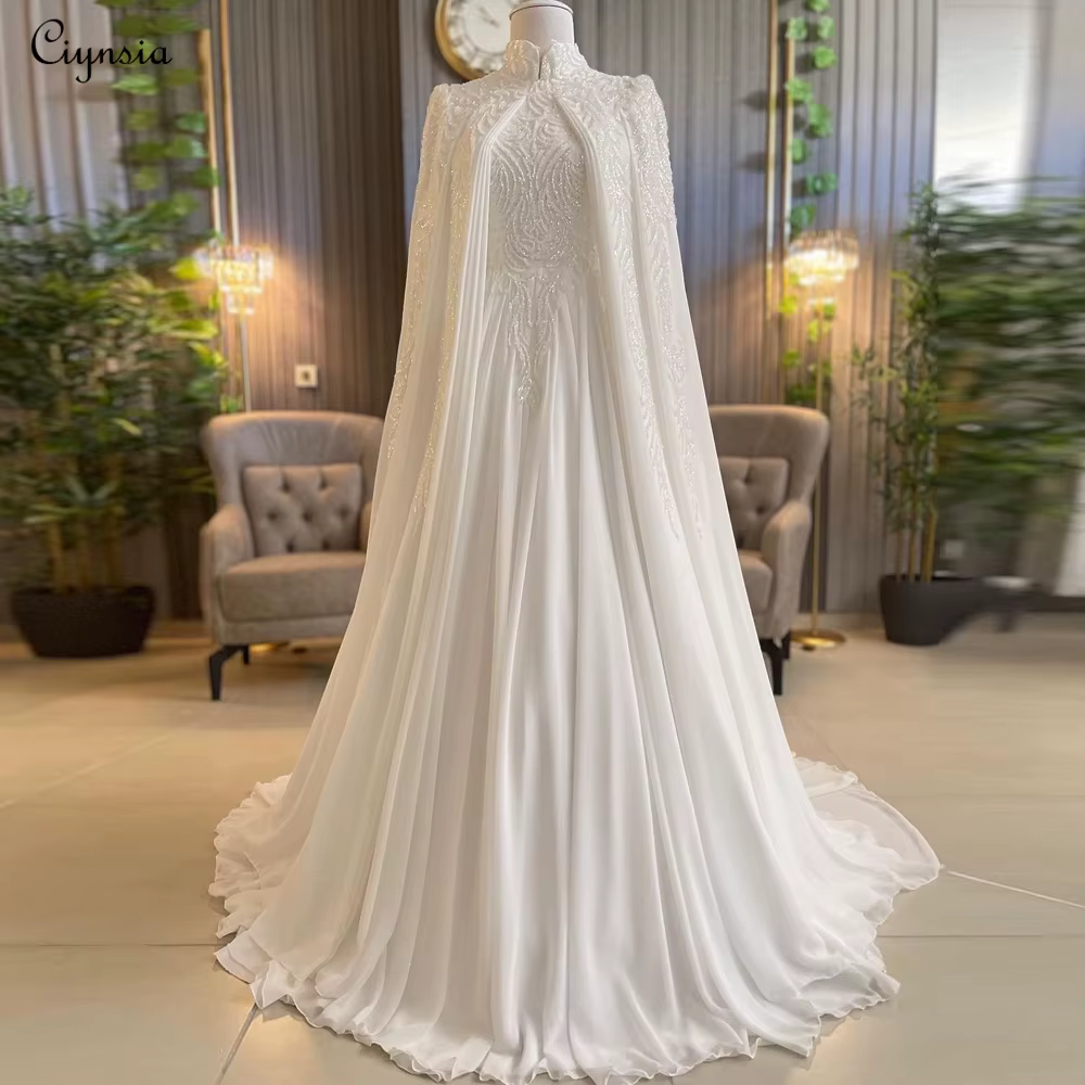 Robe de mariée musulmane de luxe personnalisée Ciynsia 2026 en mousseline avec perles, coupe trapèze