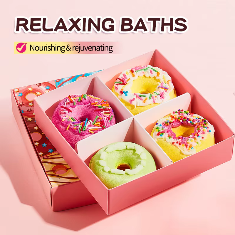 Ensemble de bombes de bain Donut – 4 sels de bain pétillants avec sel marin et beurre de karité, tre
