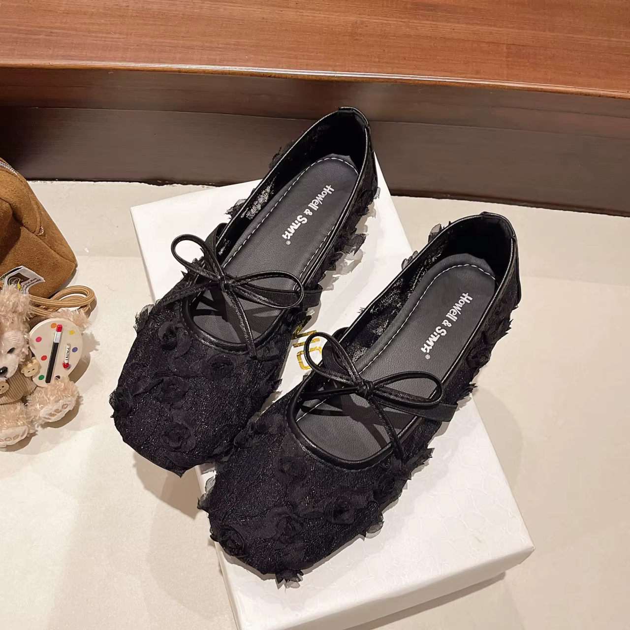 Ballerines en dentelle à fleurs de rose blanche pour femme, élégantes, bout carré, nœud élastique, c
