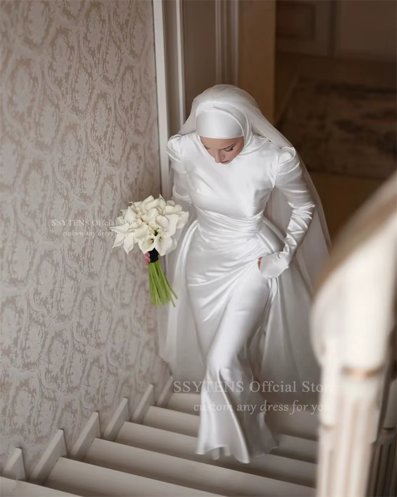Ssytens-Robes de mariée arabes modestes, manches longues, col haut musulman, injSatin, patients, tou