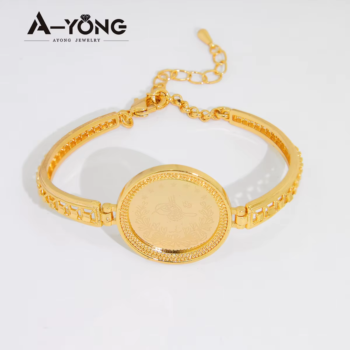 Bracelet arabe élégant couleur or plaqué or 21 carats, pièces de monnaie turques, manchette, dubaï, 