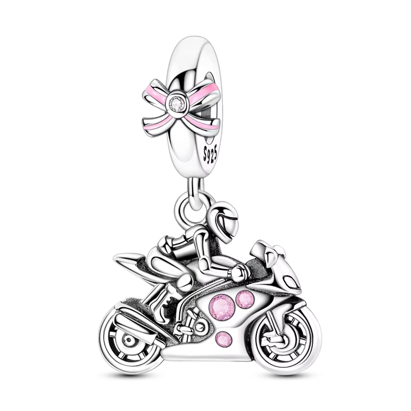 Breloques Perles Moto Fille en Argent Sterling 925 avec Zircon Cubique Rouge, Pendentifs Motard de M
