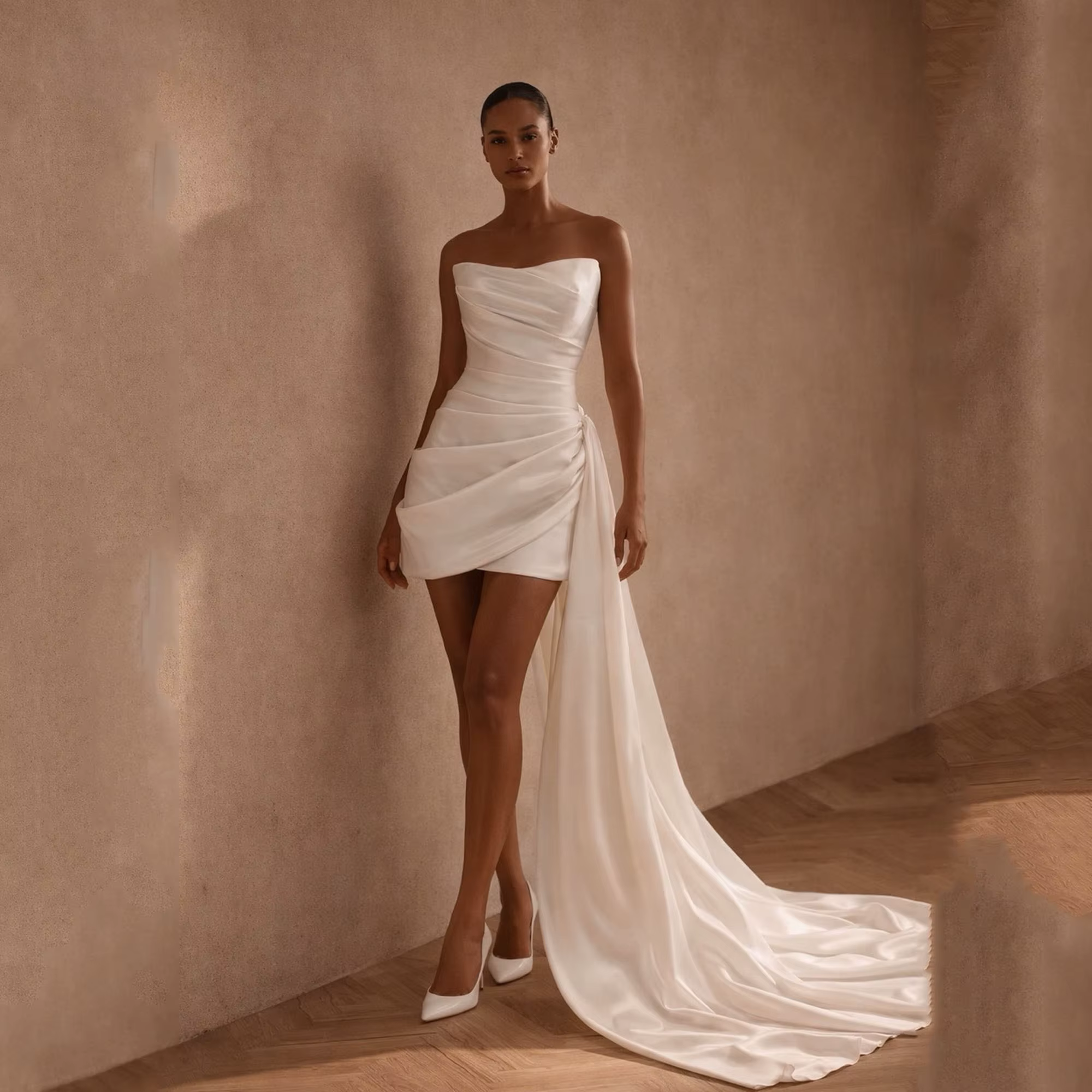 Robe de mariée courte en satin, bustier plissé, style fourreau, élégante et chic, style bohème, robe
