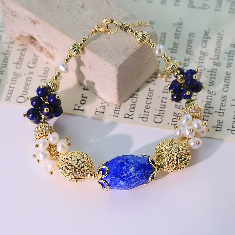 Bracelet de perles d'eau douce naturelles Lapis Lazuli, plaqué or 18 carats, Design de luxe Vintage,