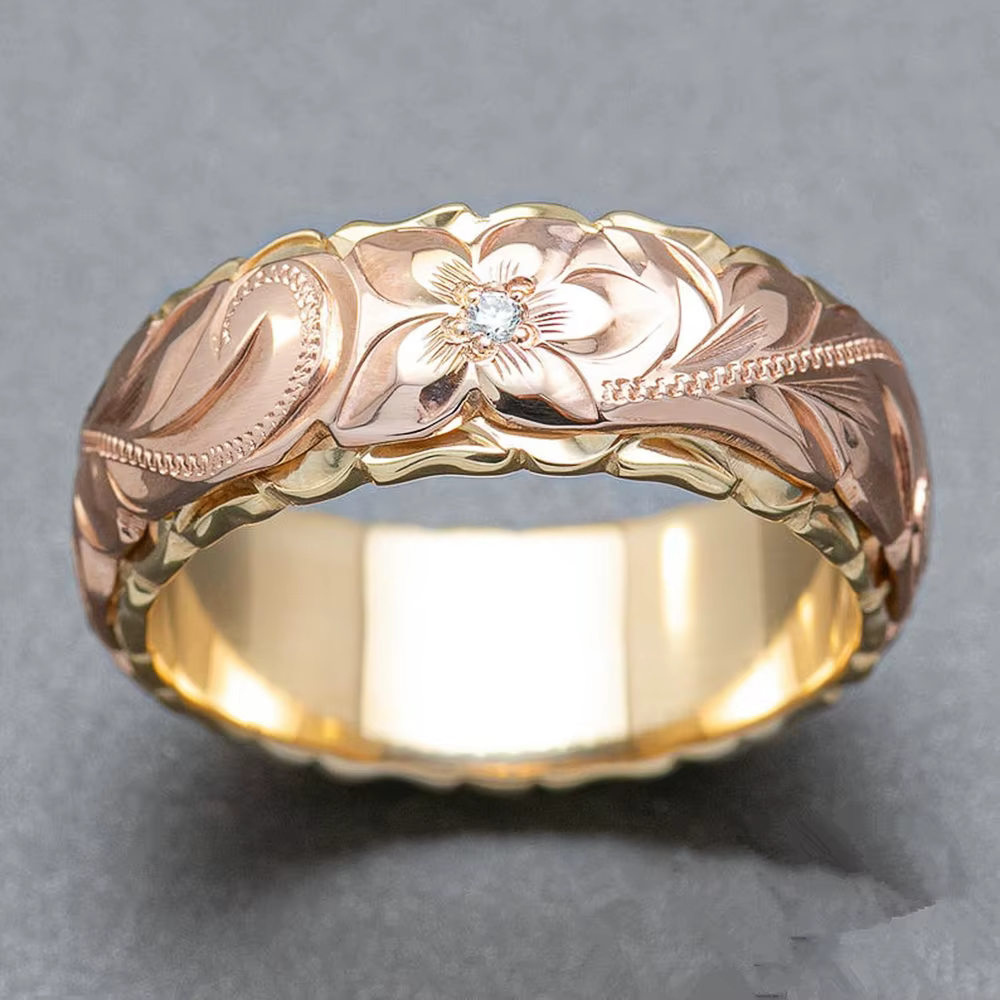 Huitan – bague bicolore pour femmes, motif floral gravé, accessoires de mariage polyvalents au quoti