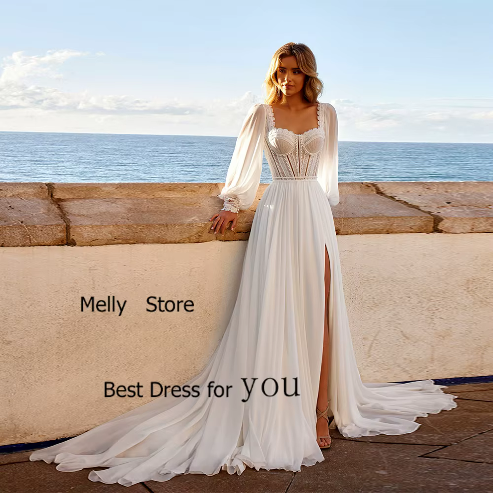 Robes De mariée ivoire exquises, fente latérale, avec traîne Court, manches longues, en Tulle doux, 