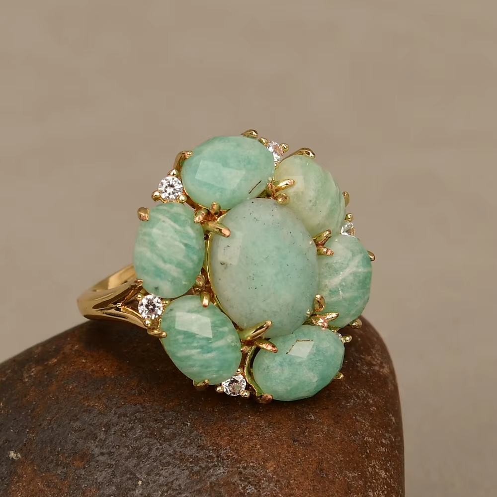 Bague ajustable pour femme GG en Amazonite Verte Naturelle incrustée de fleurs et de Zirconiums, pla