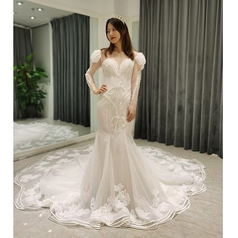SL-8370 robe de mariée personnalisée 2021 boutique en ligne célébrité luxe à manches longues perlé s