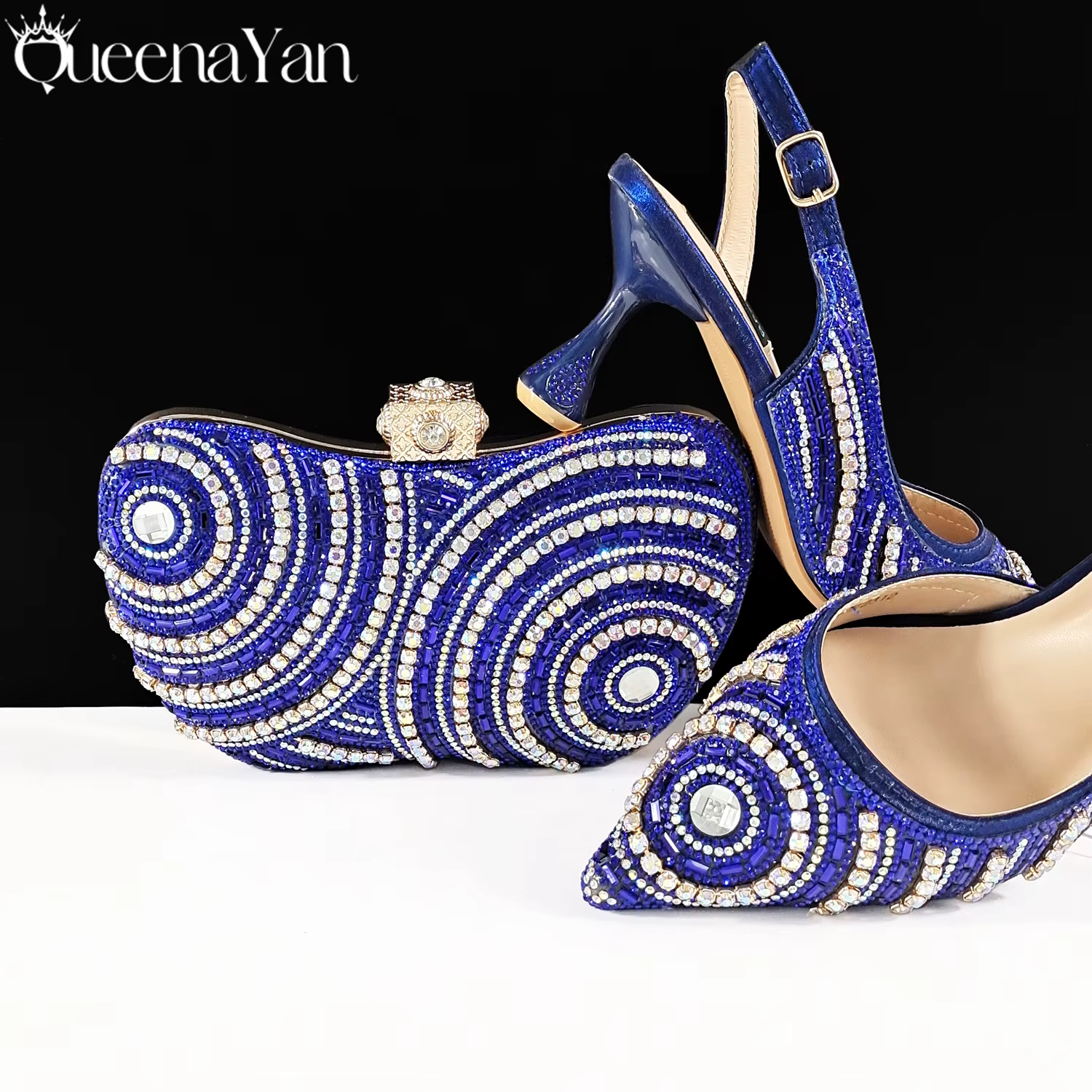 Chaussures élégantes pour femmes nigérianes Queena Yan 2026 bleu roi ou ensemble sac à main avec str