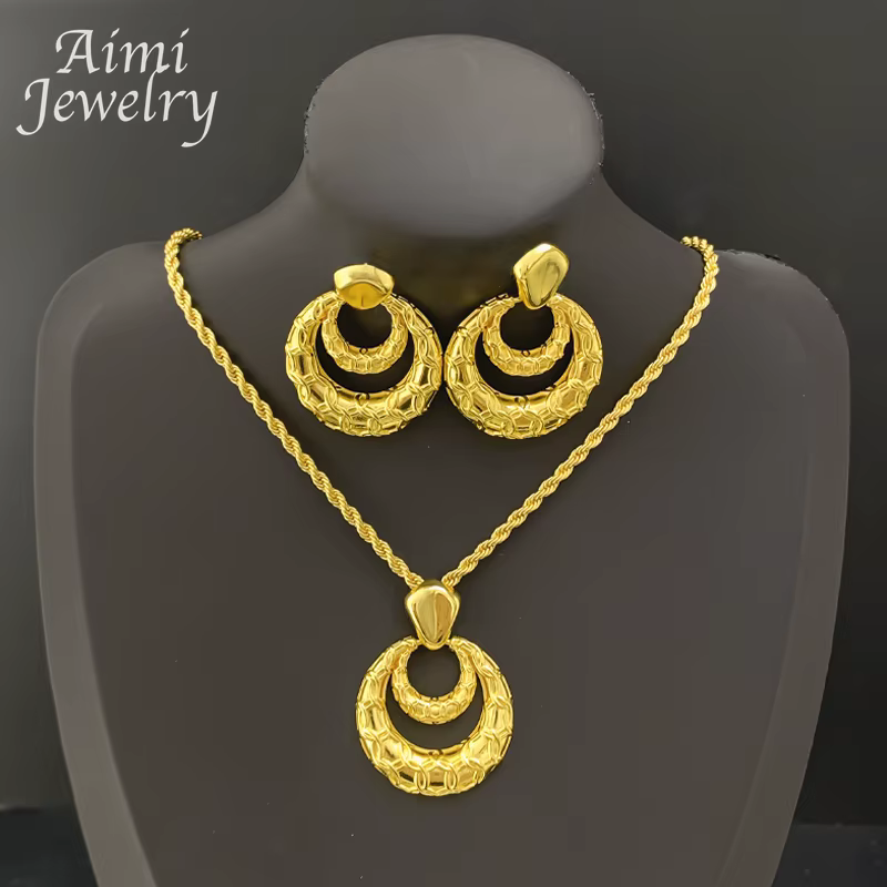 Ensemble de bijoux plaqués or 18 carats de dubaï, boucles d'oreilles de luxe Double couche, collier 