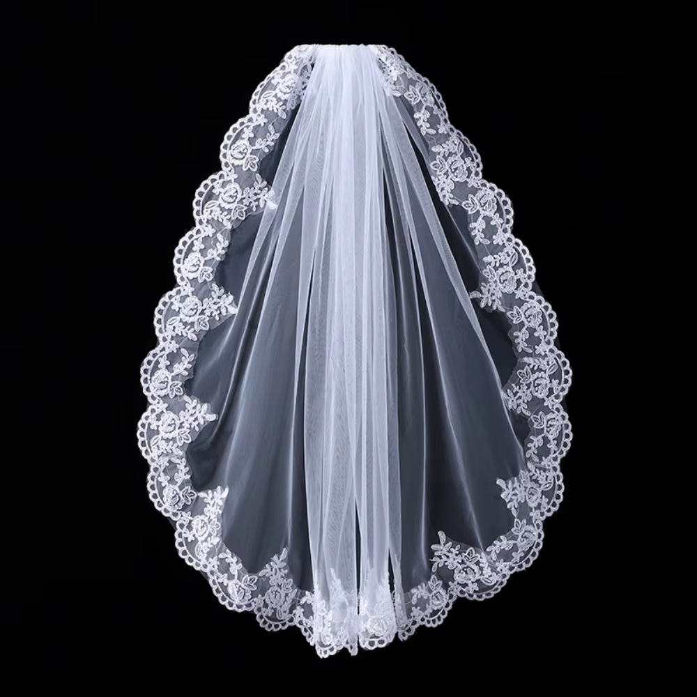 Voile de mariée mi-long avec broderie florale, en maille transparente, dentelle festonnée, effet ill