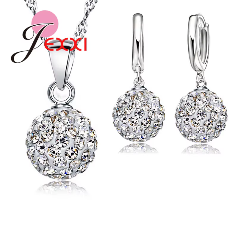 Ensemble de bijoux en argent Sterling 925, cristal autrichien pavé Disco boule levier arrière boucle