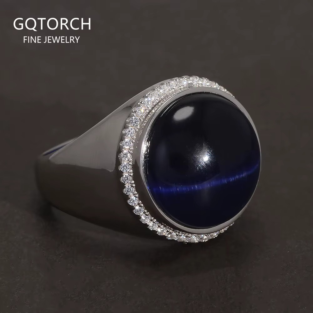 Bague chevalière en argent Sterling 925, pierre d'oeil de tigre bleu naturel pour femmes et hommes, 
