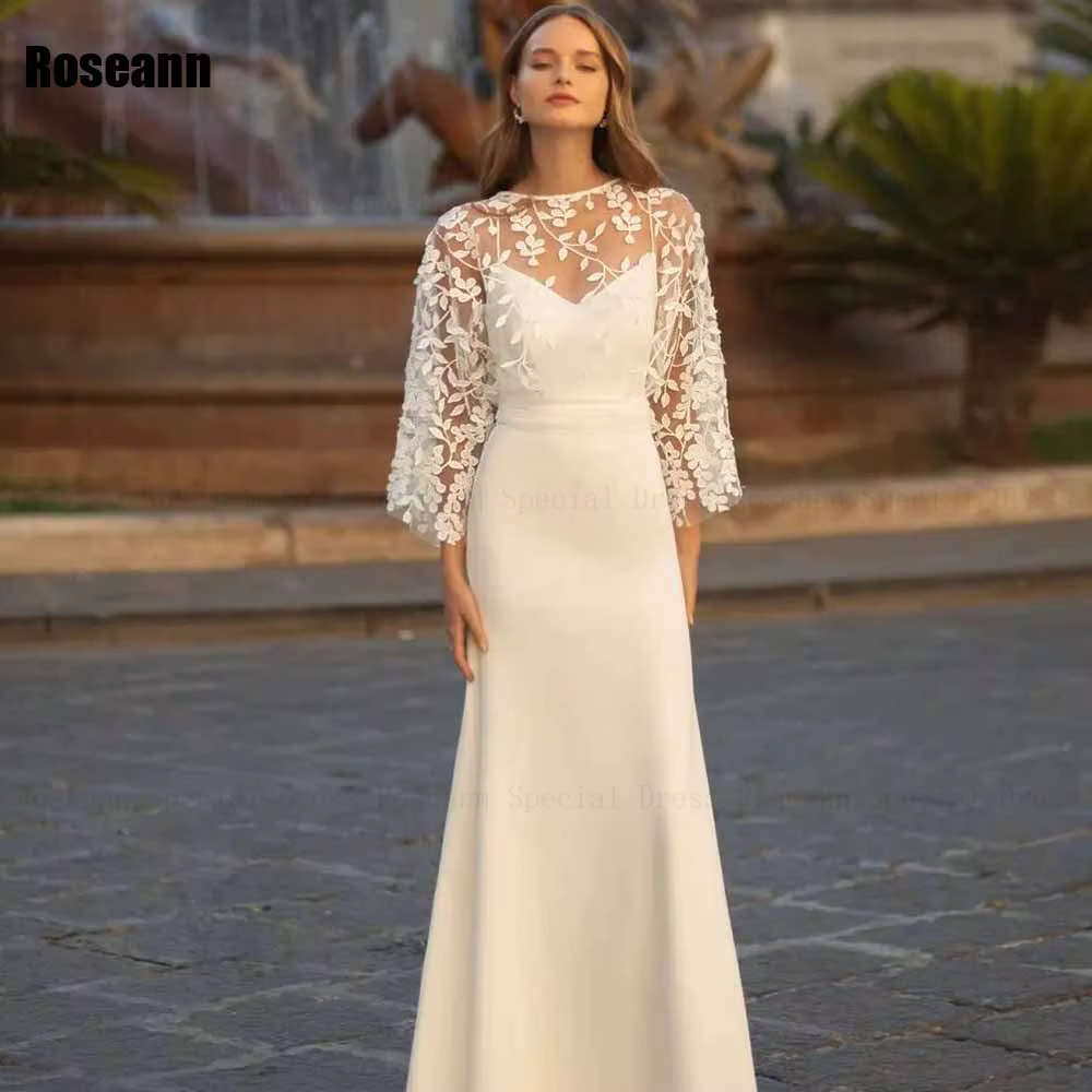 Robe de mariée sirène personnalisée de haute qualité, col rond, dentelle appliquée, Tulle, dos ouver