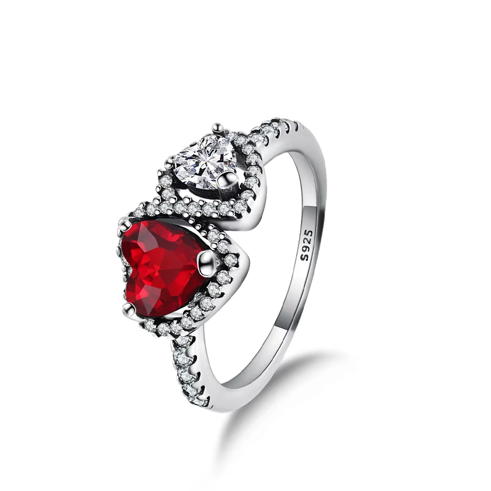 Bague élégante plaquée argent avec double cœur et halo, bijoux fins multi-pierres brillants pour fem