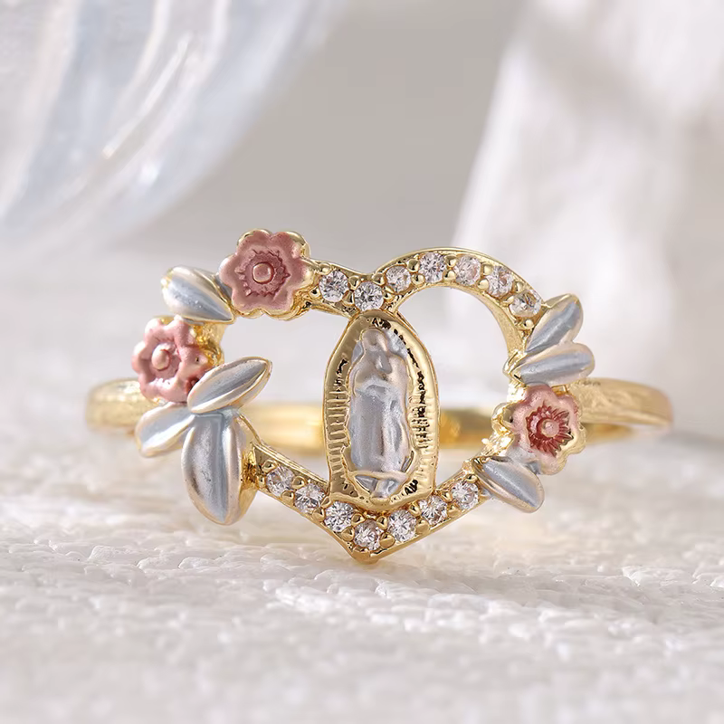 Bague en forme de cœur ajourée pour femmes, motif floral et relief de la Vierge Marie, bague exquise