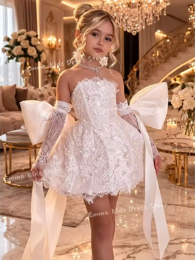 Robe de demoiselle d'honneur personnalisée en tulle blanc, avec appliques florales, multi-couches, s