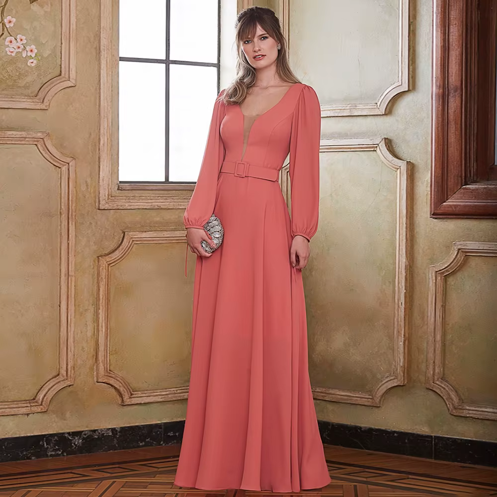 Robes d'invité de mariage col en V profond manches longues robe mère de la mariée élégante pour les 