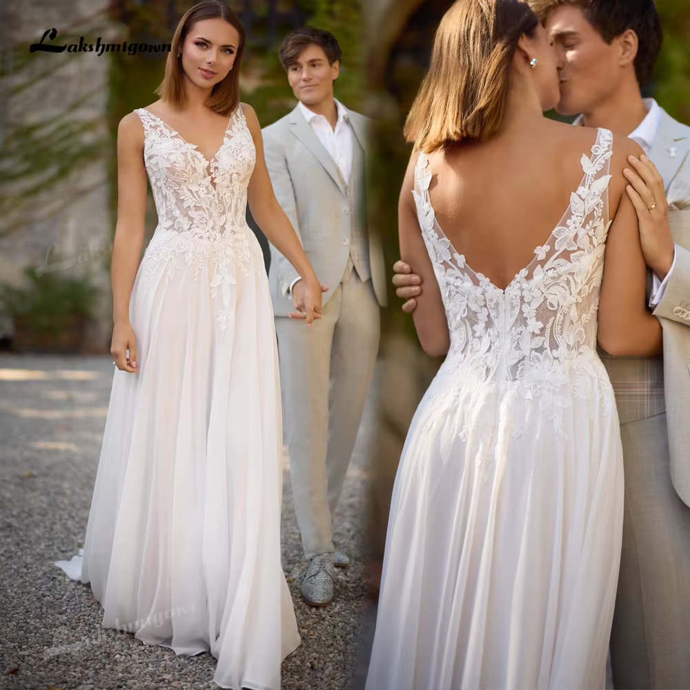 Robe de mariée bohème romantique en dentelle florale appliquée, en mousseline, col en V, dos nu, rob