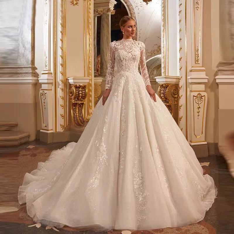 Robe De mariée en dentelle à manches longues, ligne a, col haut, boutons, musulmane, avec des appliq